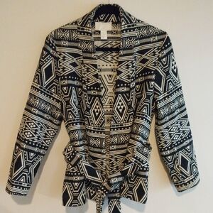 H&M Conscious Black & White Southwest Cotton Open Blazer W/Belt